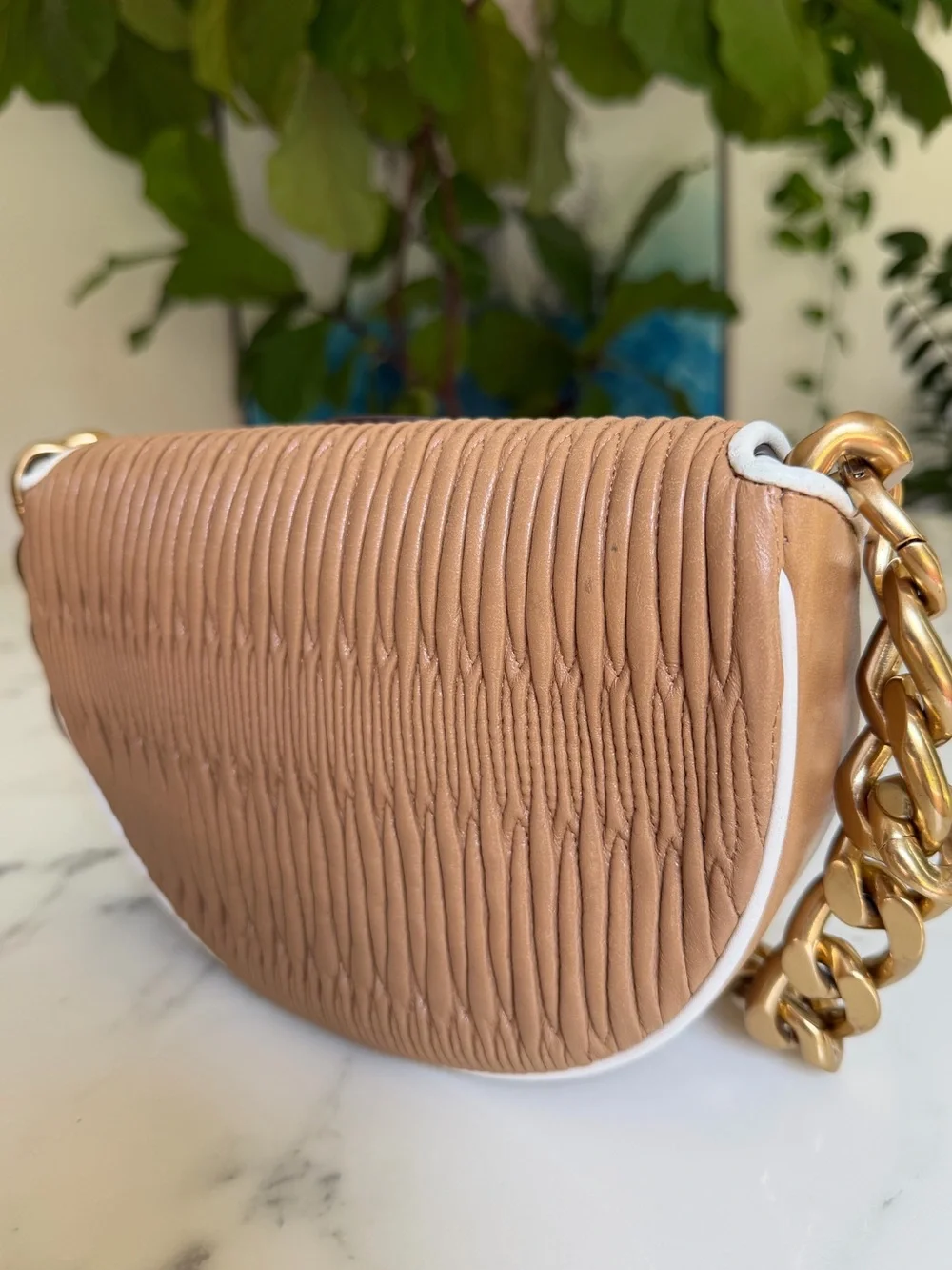 Tory Burch Fleming Soft Pleated Mini Crescent Bag Dusty Almond Leather w/ Chain